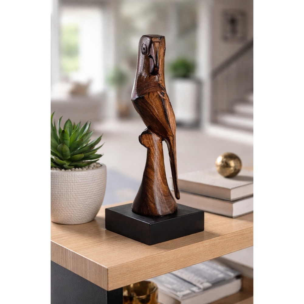 Hand Carved Wooden Brown Parrot Figurine 7" Tall Bird Sculpture Decor